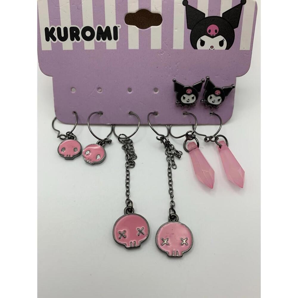 Kuromi Sanrio Bioworld 4 Pairs Charm Hoop Earrings Pink Black Halloween NEW